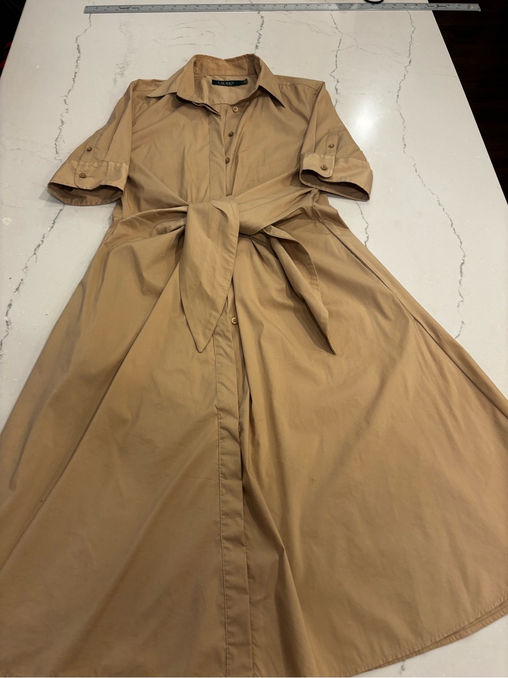 Ralph Lauren Tan Button-Front Shirt Midi Dress with Waist Tie